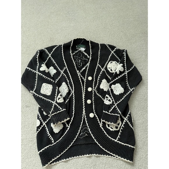Cullinane Black White Diamond Crochet Cardigan Sweater Women's Medium - Picture 1 of 5